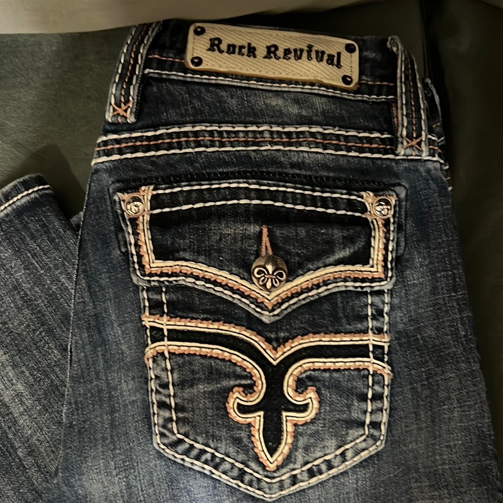 Rock Revival Women's Dark Wash Boot Cut Jeans with Tan Stitching